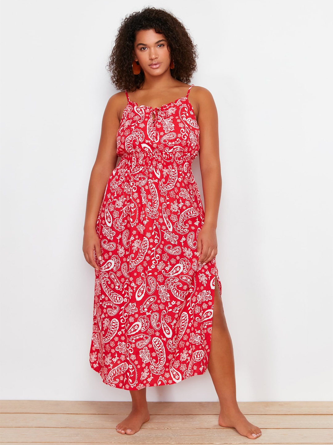 

Trendyol Plus Size Floral Printed Fit & Flare Midi Dress, Red