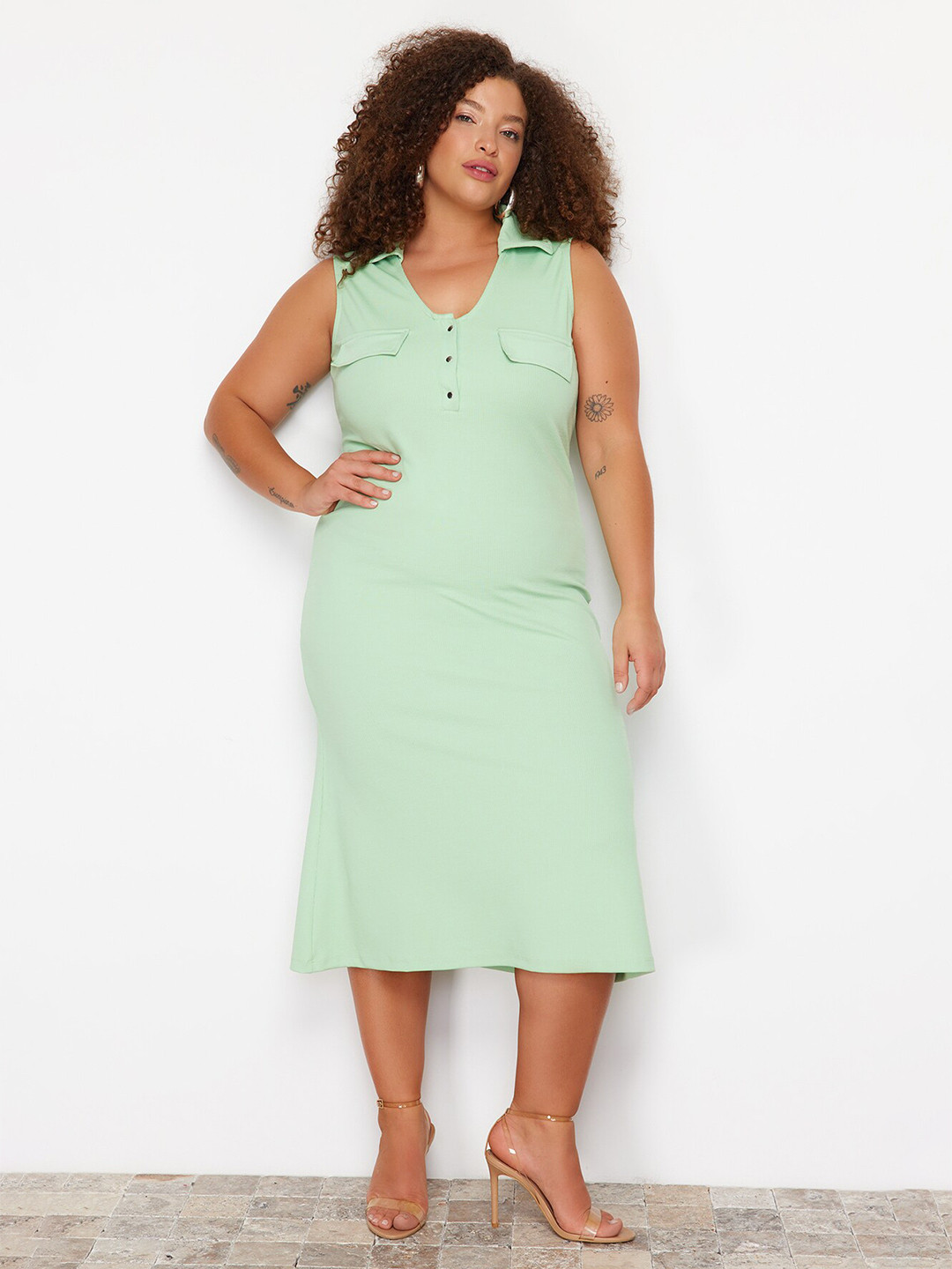 

Trendyol Shirt Collar Sleeveless A-Line Midi Dress, Na