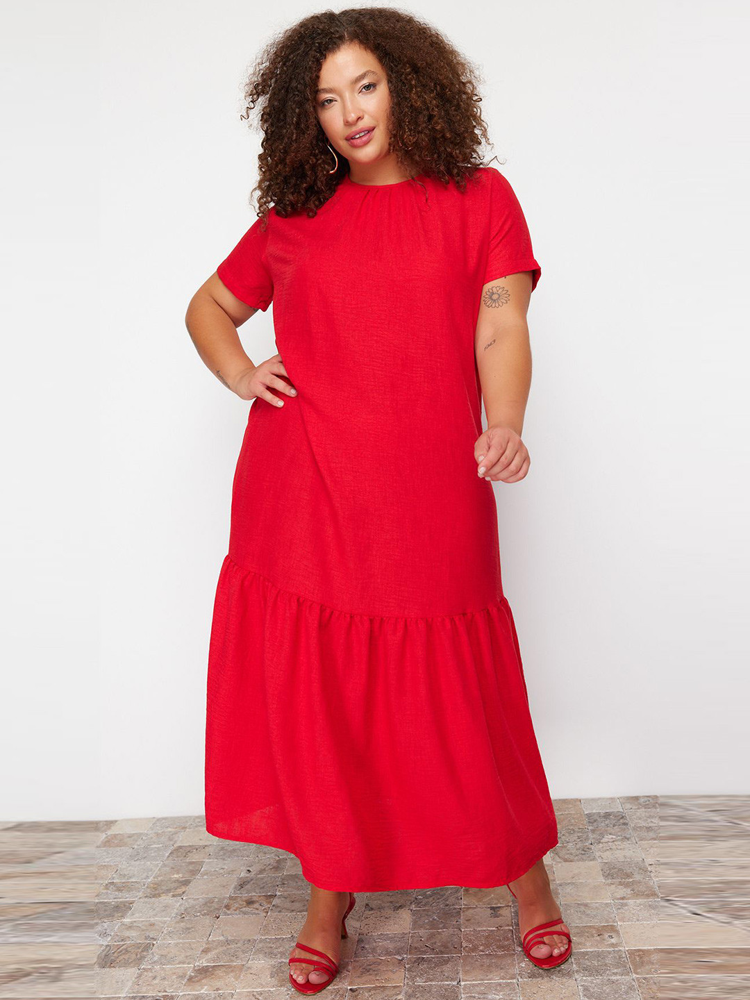 

Trendyol Round Neck Drop-Waist Midi Dress, Red