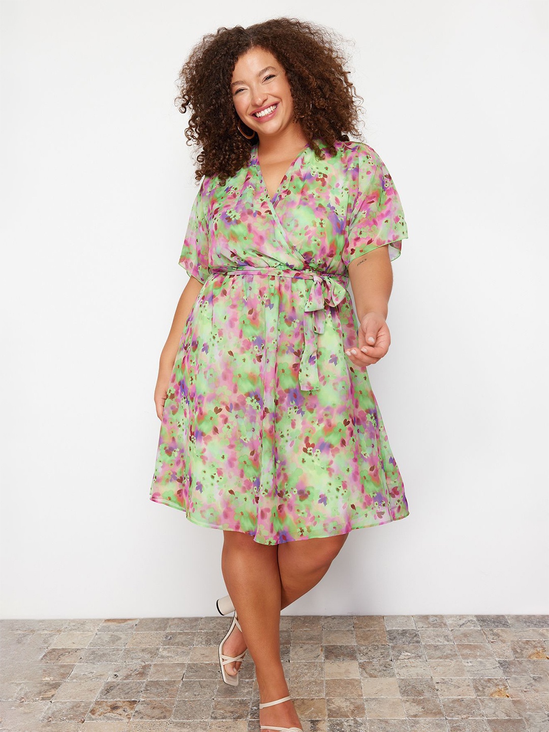 

Trendyol V Neck Floral Print Flared Sleeve Fit & Flare Dress, Green