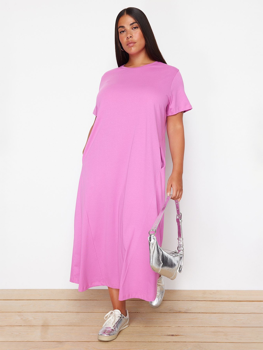 

Trendyol Round Neck A-Line Maxi Dress, Pink