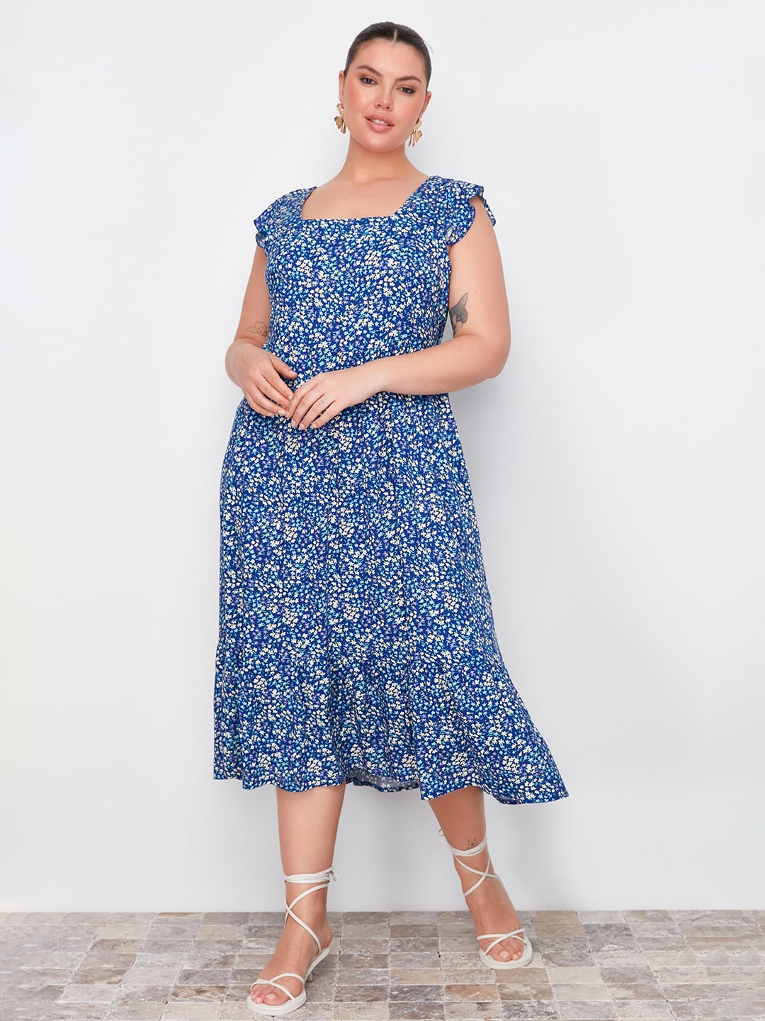 

Trendyol Plus Size Floral Printed Flutter Sleeves Gathered Midi Fit & Flare Dress, Blue