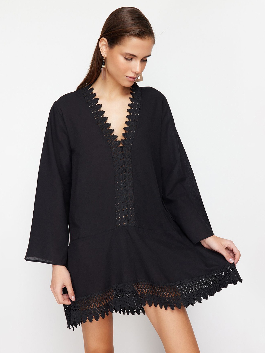 

Trendyol Women Flared Sleeve Cotton A-Line Mini Dress, Black