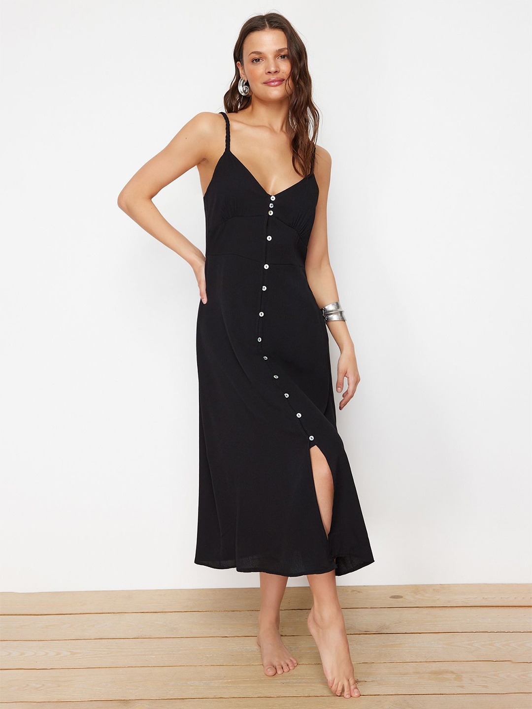 

Trendyol Shoulder Straps Sleeveless A-Line Midi Dress, Black