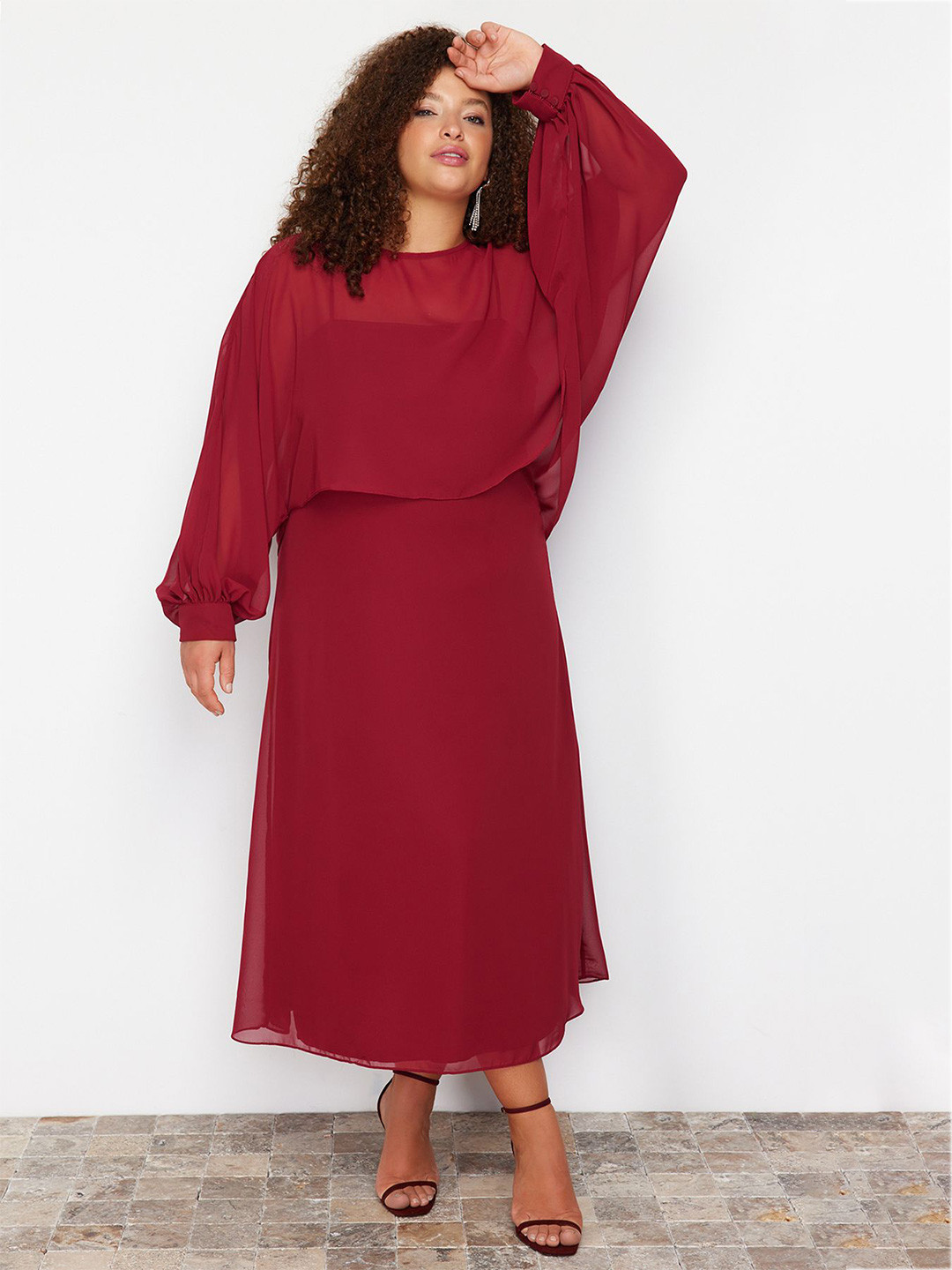 

Trendyol Women Round Neck A-Line Midi Dress, Maroon