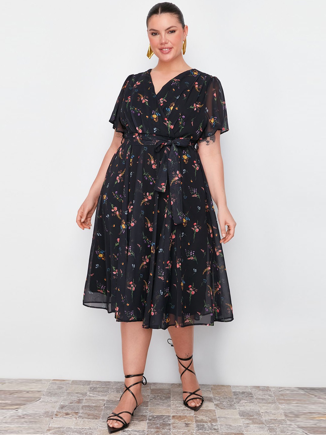 

Trendyol V Neck Floral Print Flared Sleeve Fit & Flare Midi Dress, Black