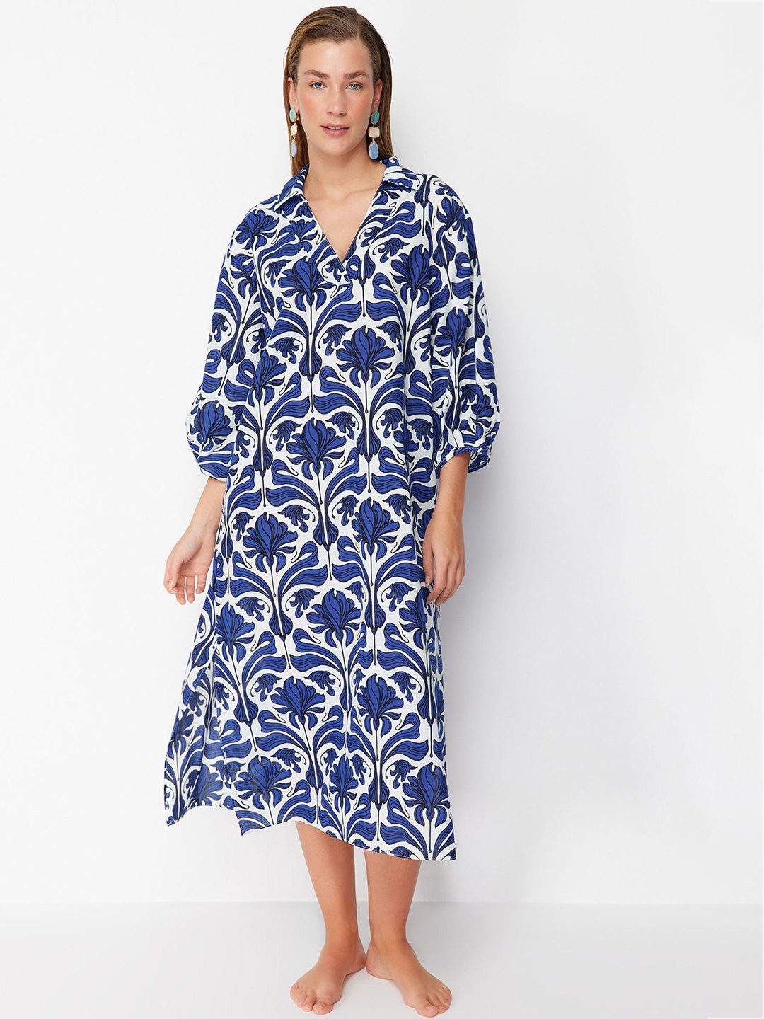 

Trendyol Floral Printed Kaftan Midi Dress, Blue