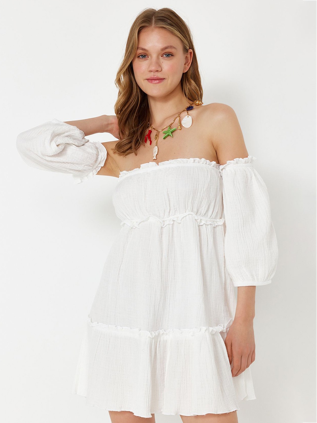 

Trendyol Off-Shoulder Puff Sleeve Cotton A-Line Mini Dress, White