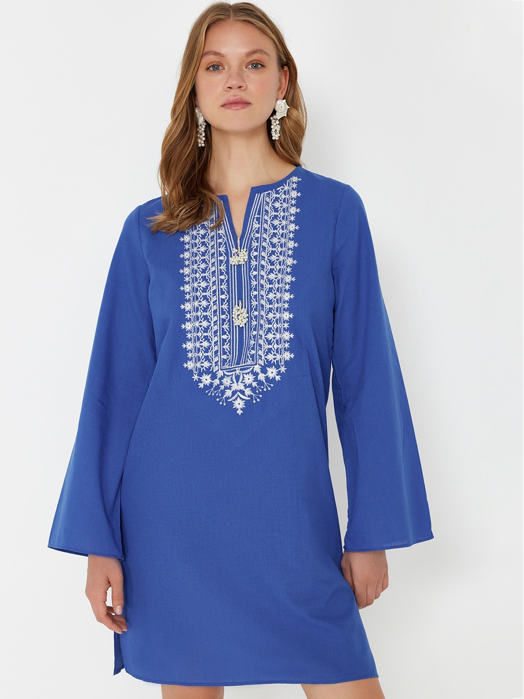 

Trendyol Women Tie-Up Neck Flared Sleeve Pure Cotton A-Line Dress, Blue