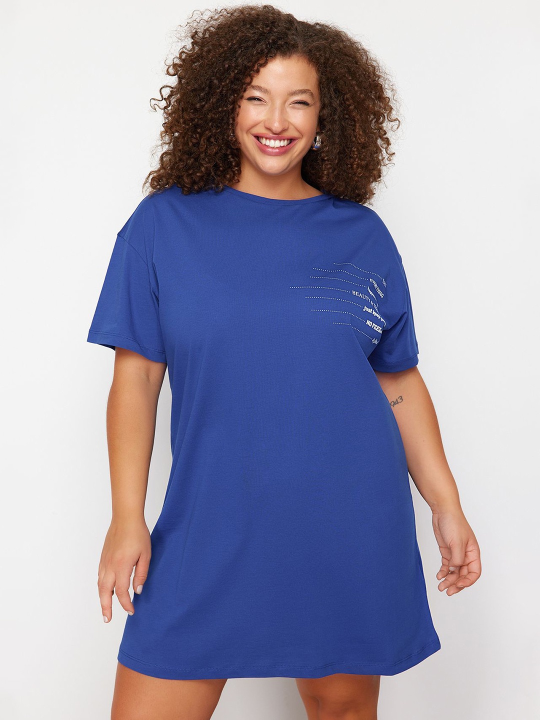 

Trendyol Typography Printed Boat Neck Drop Shoulder Pure Cotton T-shirt Dress, Blue