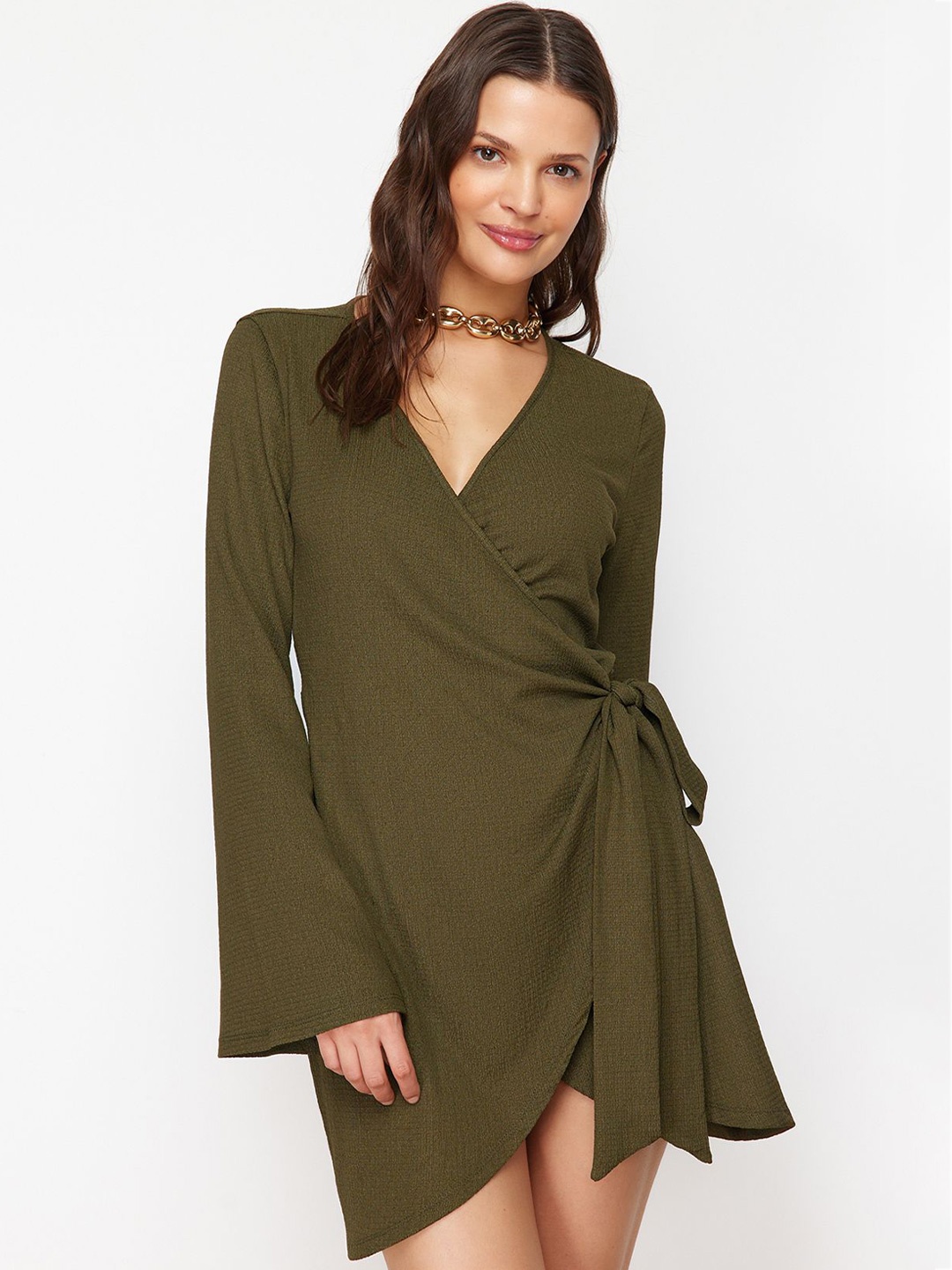 

Trendyol V-Neck Flared Sleeve Wrap Mini Dress, Green