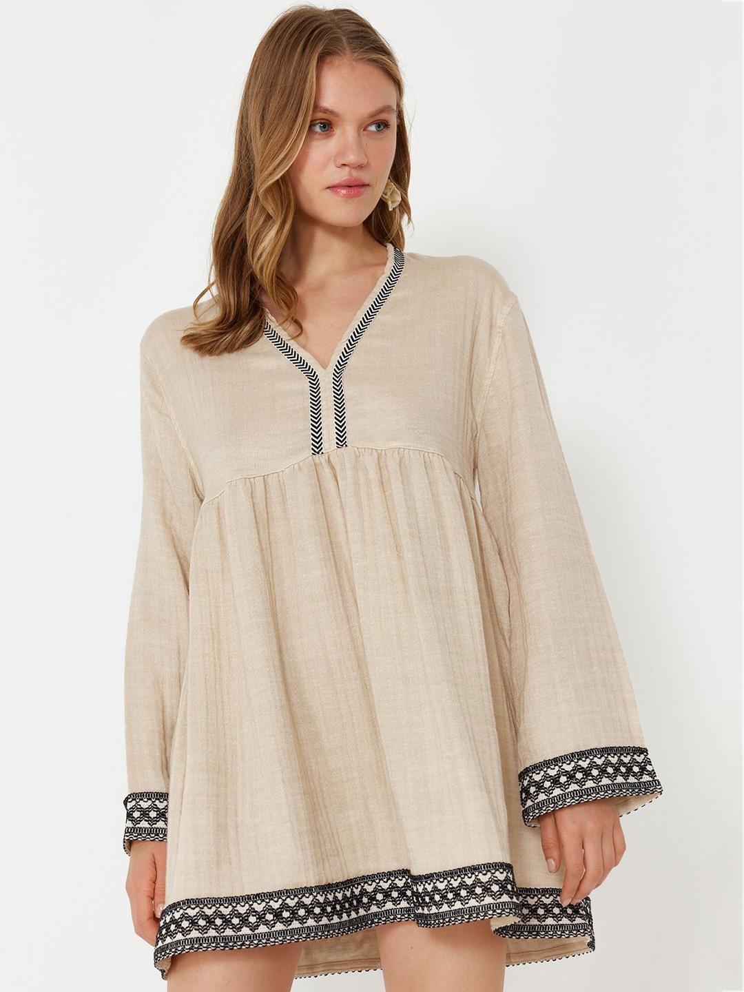 

Trendyol Women V Neck Flared Sleeve Cotton A-Line Mini Dress, Beige