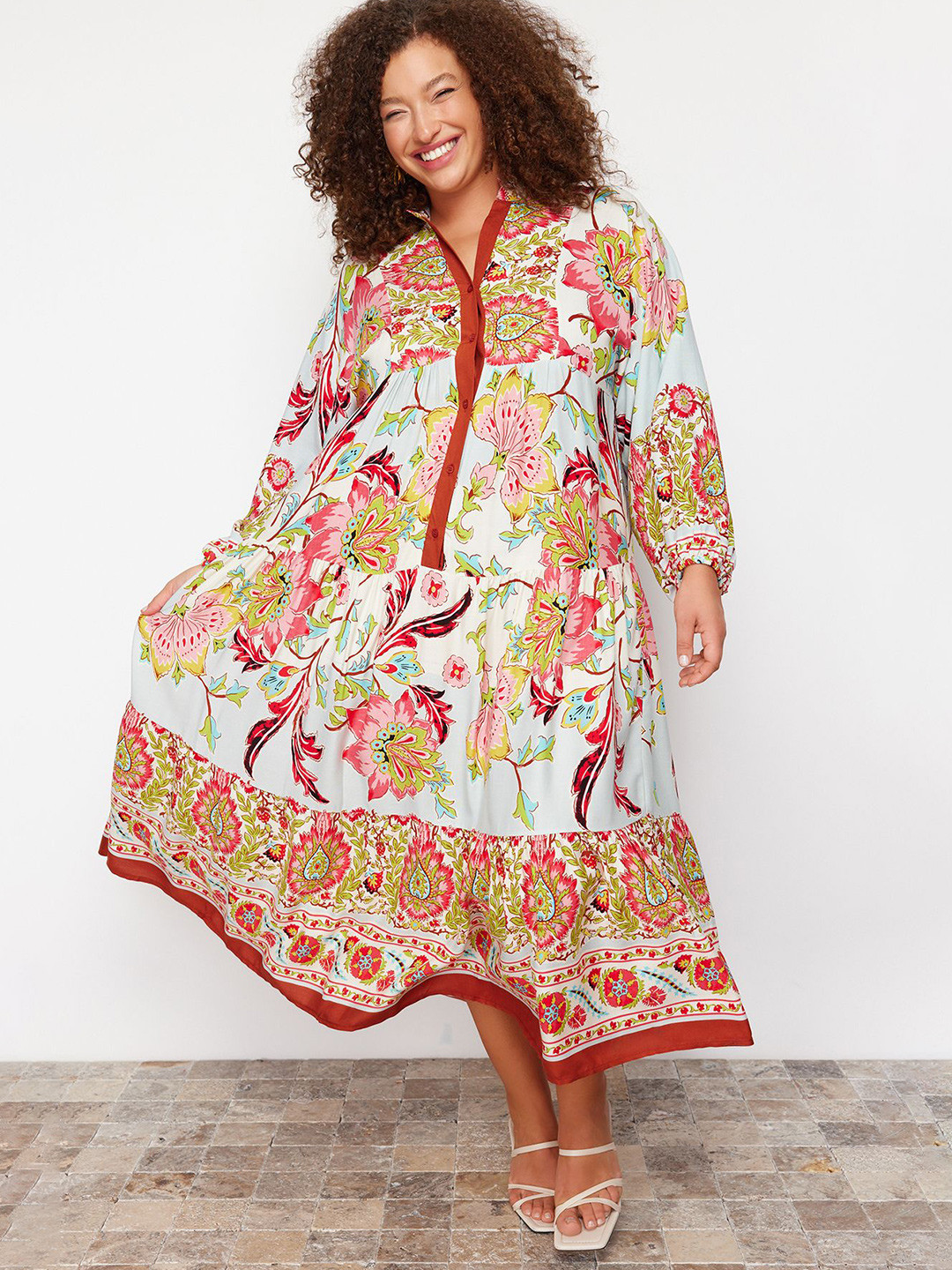 

Trendyol Floral Print Puff Sleeve Pure Cotton A-Line Midi Dress, White