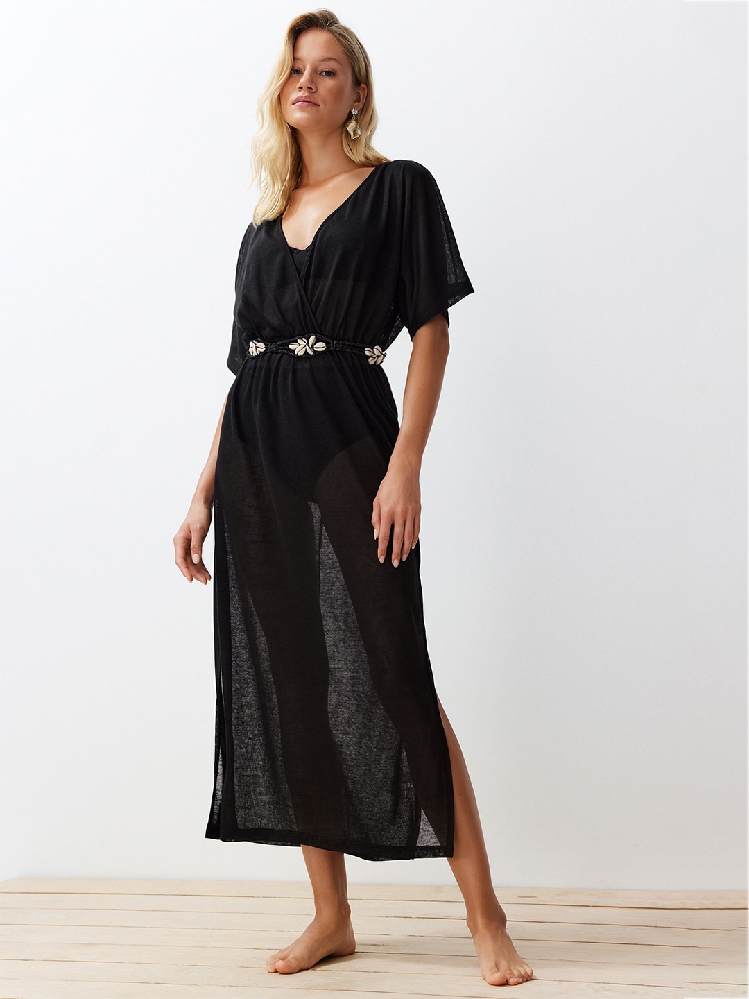 

Trendyol Women Extended Sleeves Semi Sheer Cotton Fit & Flare Maxi Dress, Black