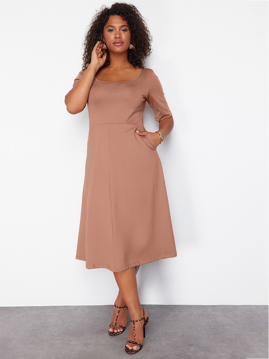 

Trendyol Round Neck Cotton Fit & Flare Midi Dress, Beige