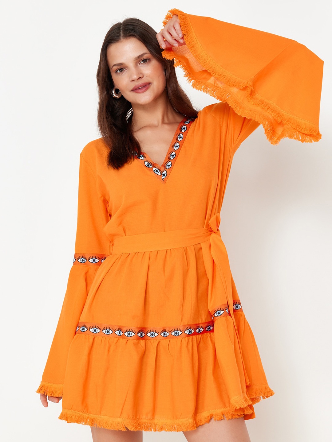

Trendyol Women Bell Sleeves Cotton Fit & Flare Mini Dress, Orange