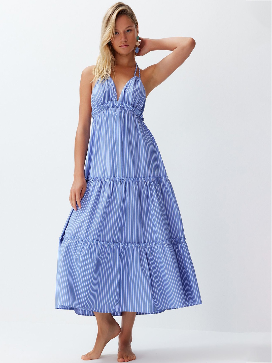 

Trendyol Halter Neck Sleeveless Striped Cotton Fit & Flare Midi Dress, Blue