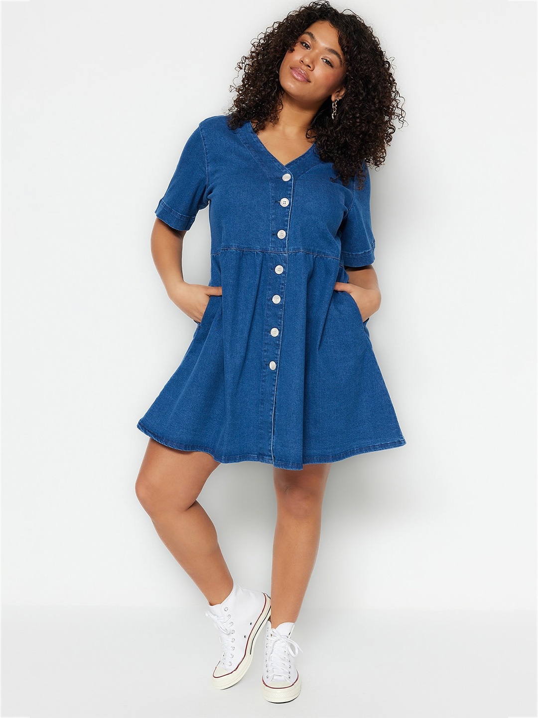 

Trendyol Shirt Collar Cotton A-Line Dress, Blue