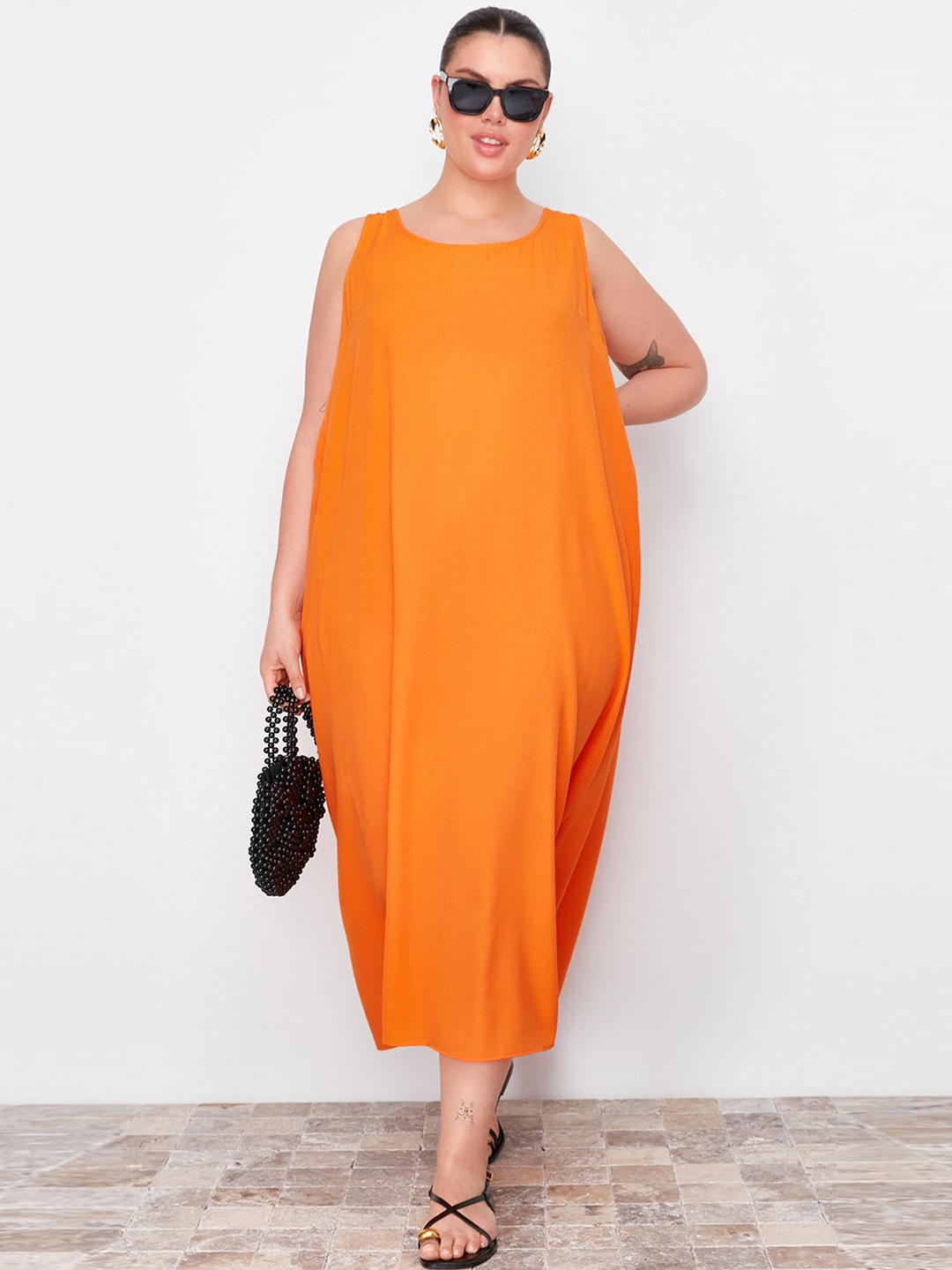 

Trendyol Round Neck A-Line Midi Dress, Orange