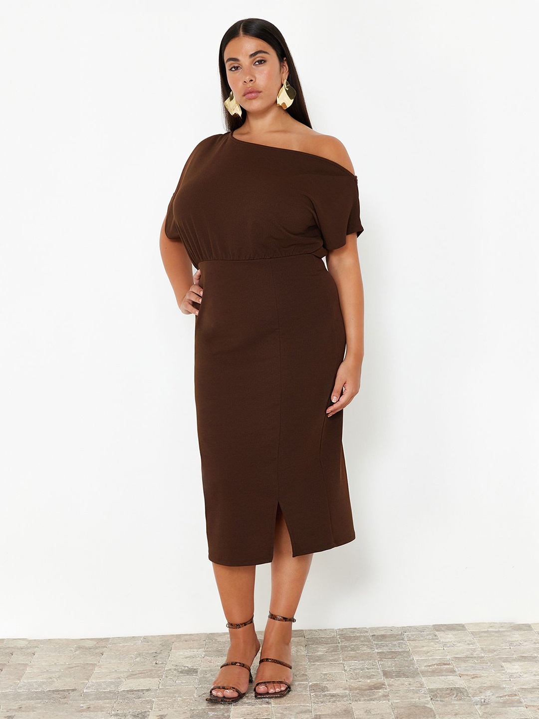 

Trendyol One Shoulder Sheath Midi Dress, Brown