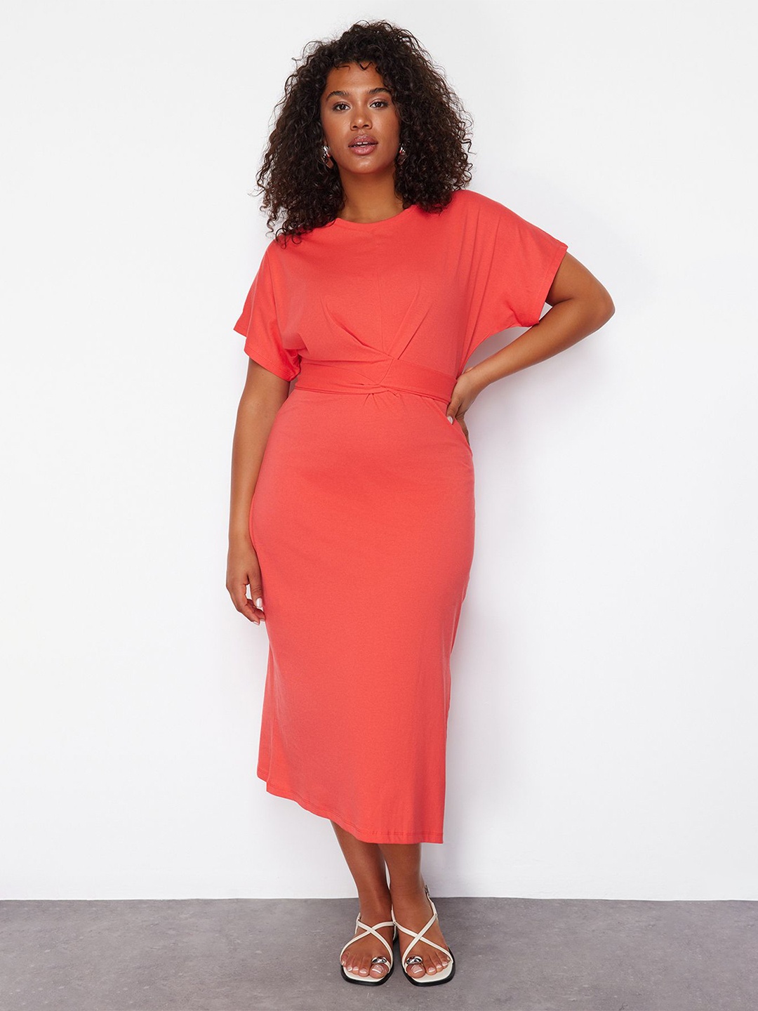 

Trendyol Round Neck Extended Sleeves Pure Cotton Sheath Midi Dress, Orange