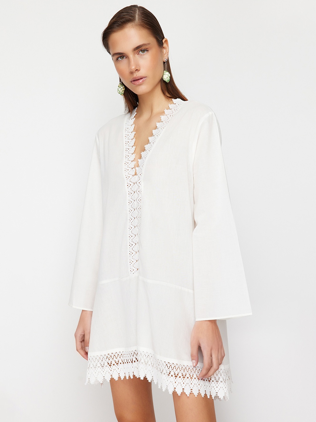 

Trendyol V Neck Flared Sleeve Cotton A Line Dress, White
