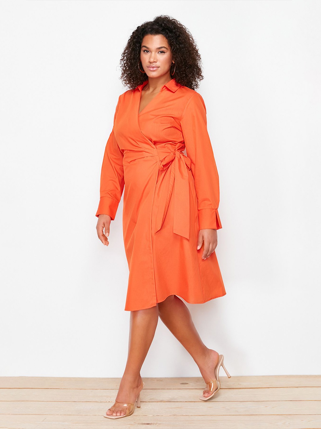 

Trendyol Shirt Collar Cuffed Sleeves Tie-Ups Wrap Dress, Orange