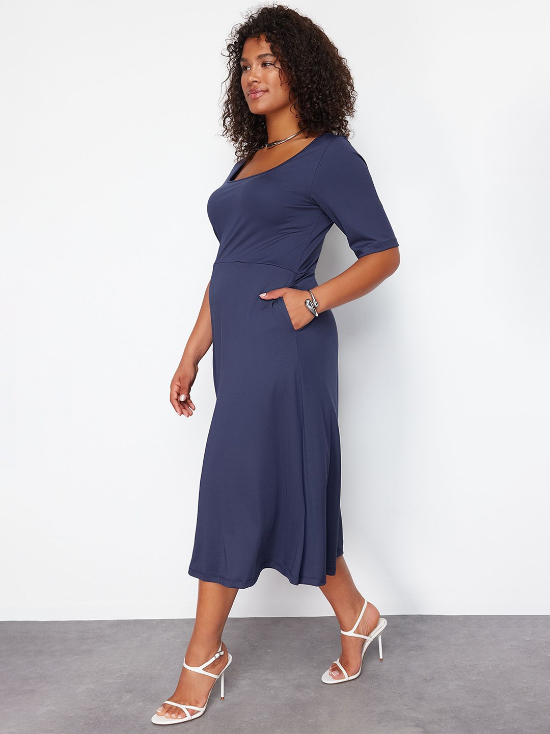 

Trendyol Round Neck Cotton Fit & Flare Midi Dress, Navy blue