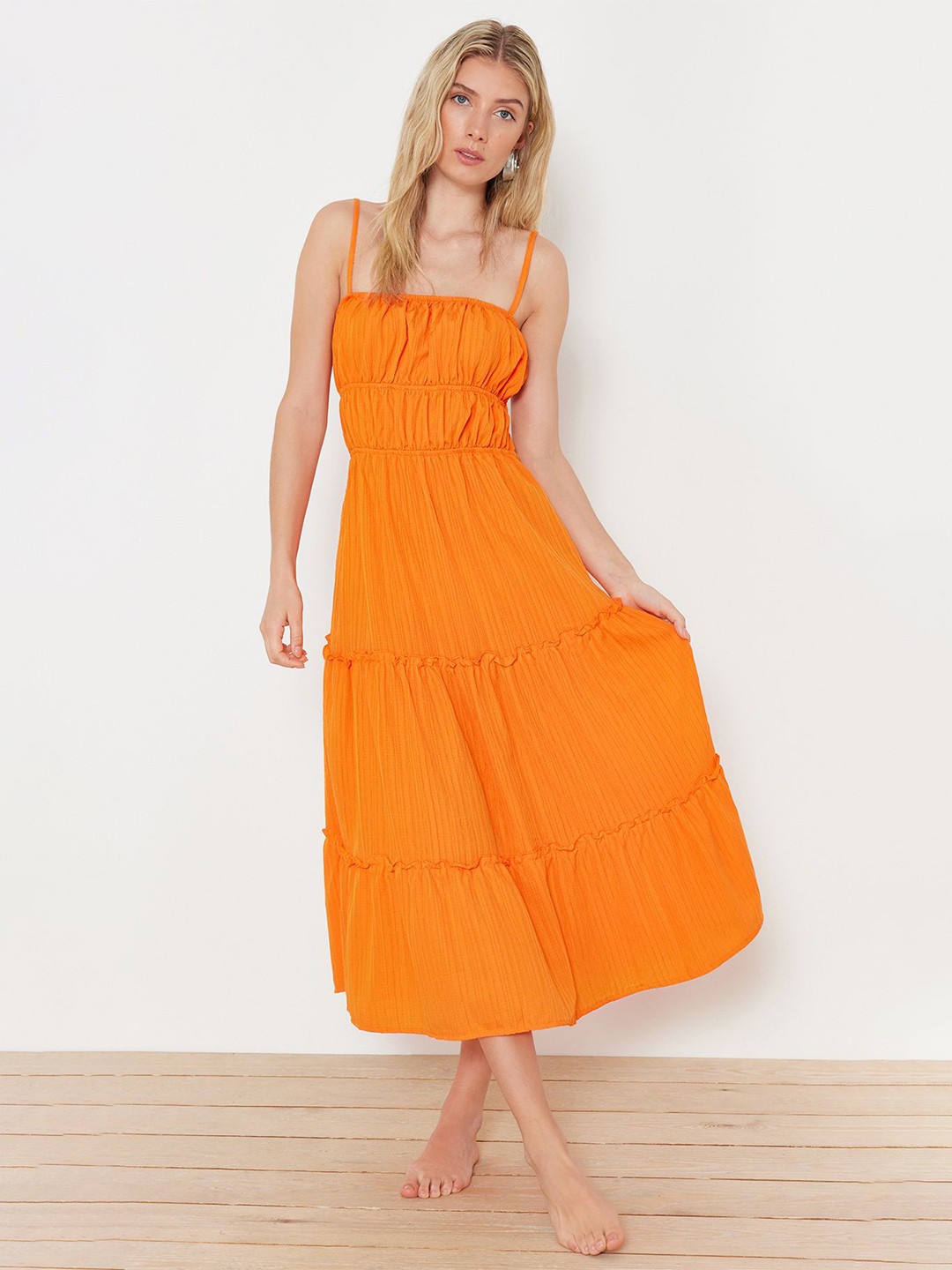 

Trendyol Shoulder Straps Fit and Flare Midi Dress, Orange