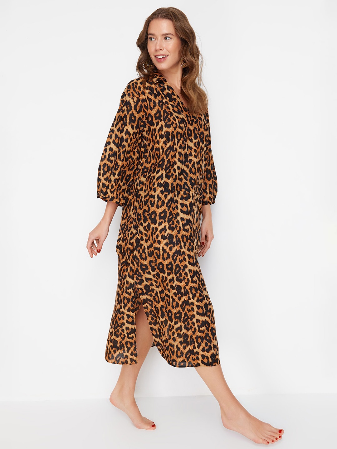 

Trendyol Animal Printed Puff Sleeve Shirt Midi Dress, Brown