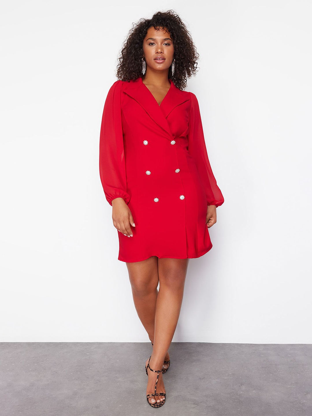 

Trendyol Shawl Collar Puff Sleeves Blazer Dress, Red