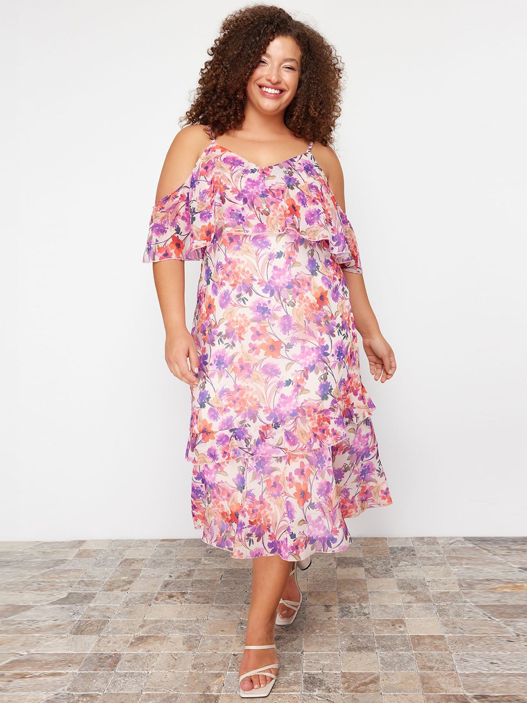 

Trendyol Floral Printed Shoulder Straps Cold-Shoulder A-Line Midi Dress, Pink