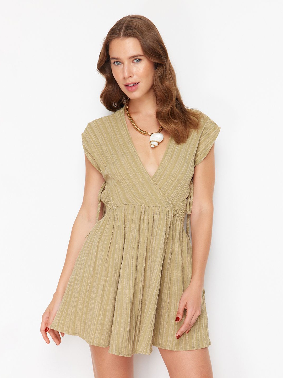 

Trendyol Self Design V Neck Fit & Flare Mini Dress, Khaki