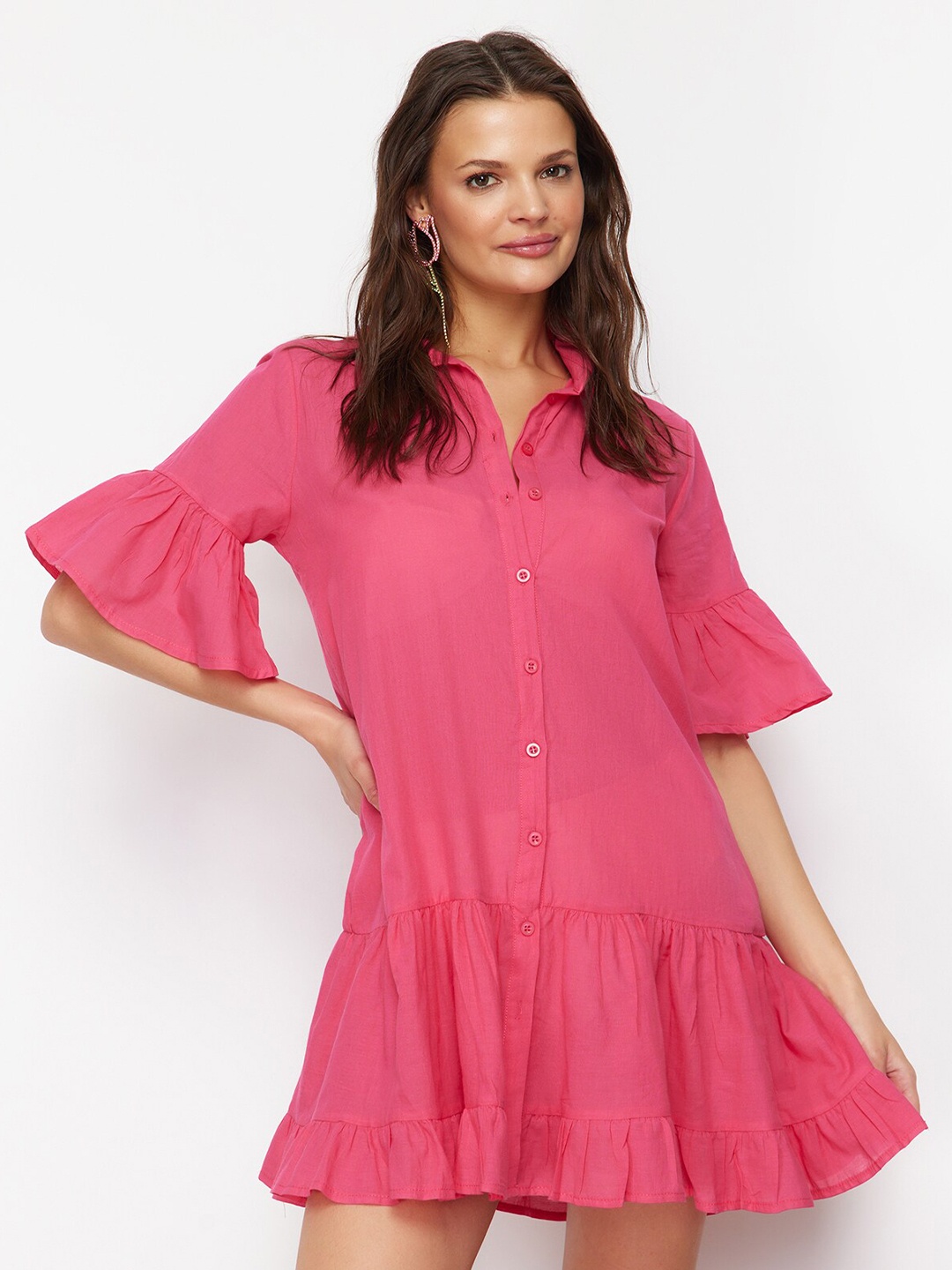 

Trendyol Shirt Collar Bell Sleeve Cotton A Line Mini Dress, Pink