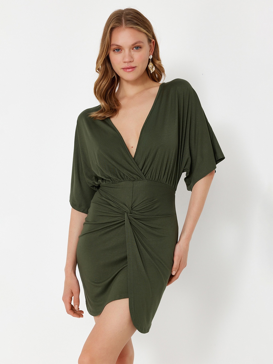 

Trendyol V-Neck Short Extended Sleeves Wrap Dress, Olive