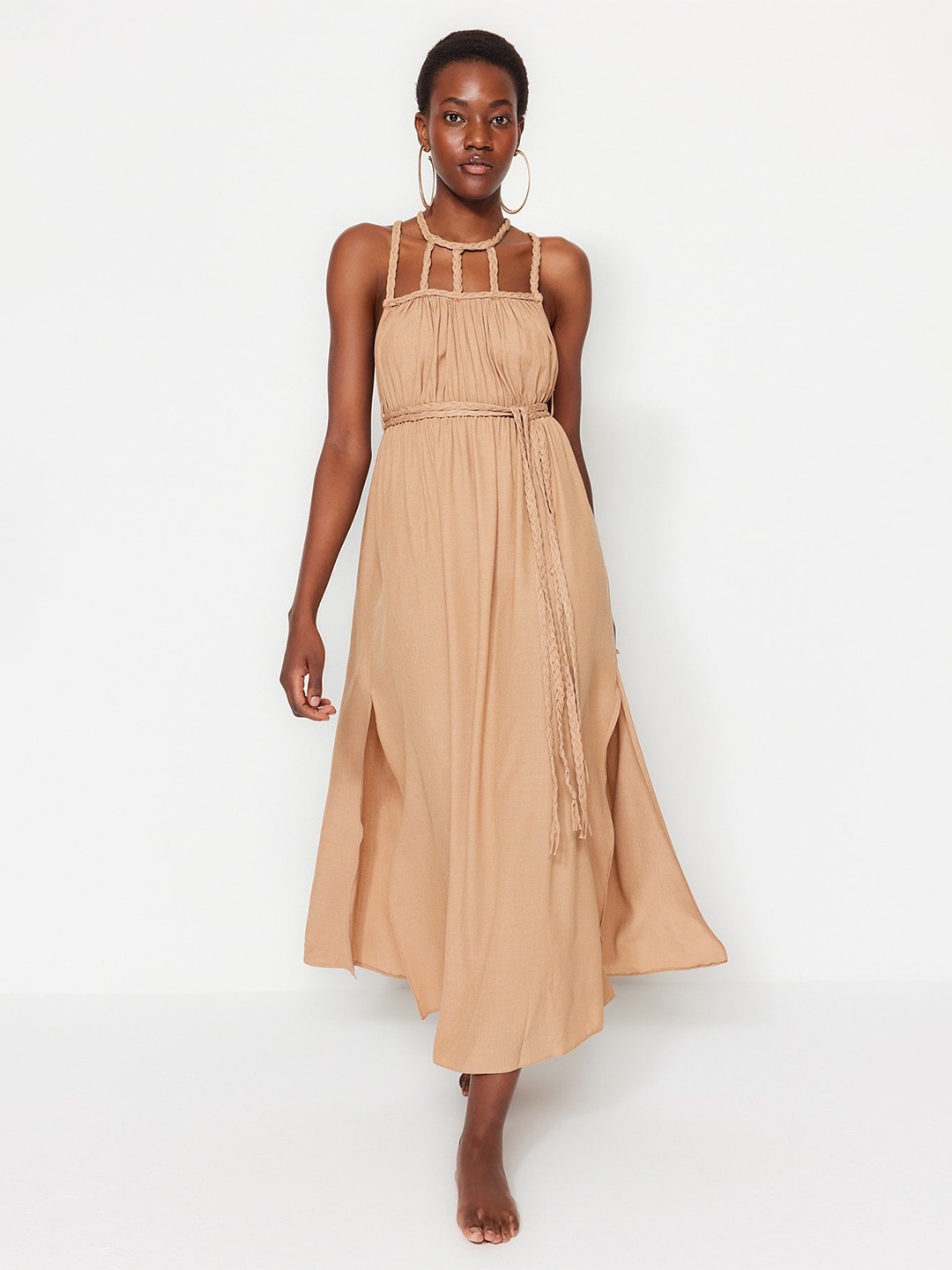 

Trendyol Shoulder Straps Sleeveless Fit & Flare Midi Dress, Beige