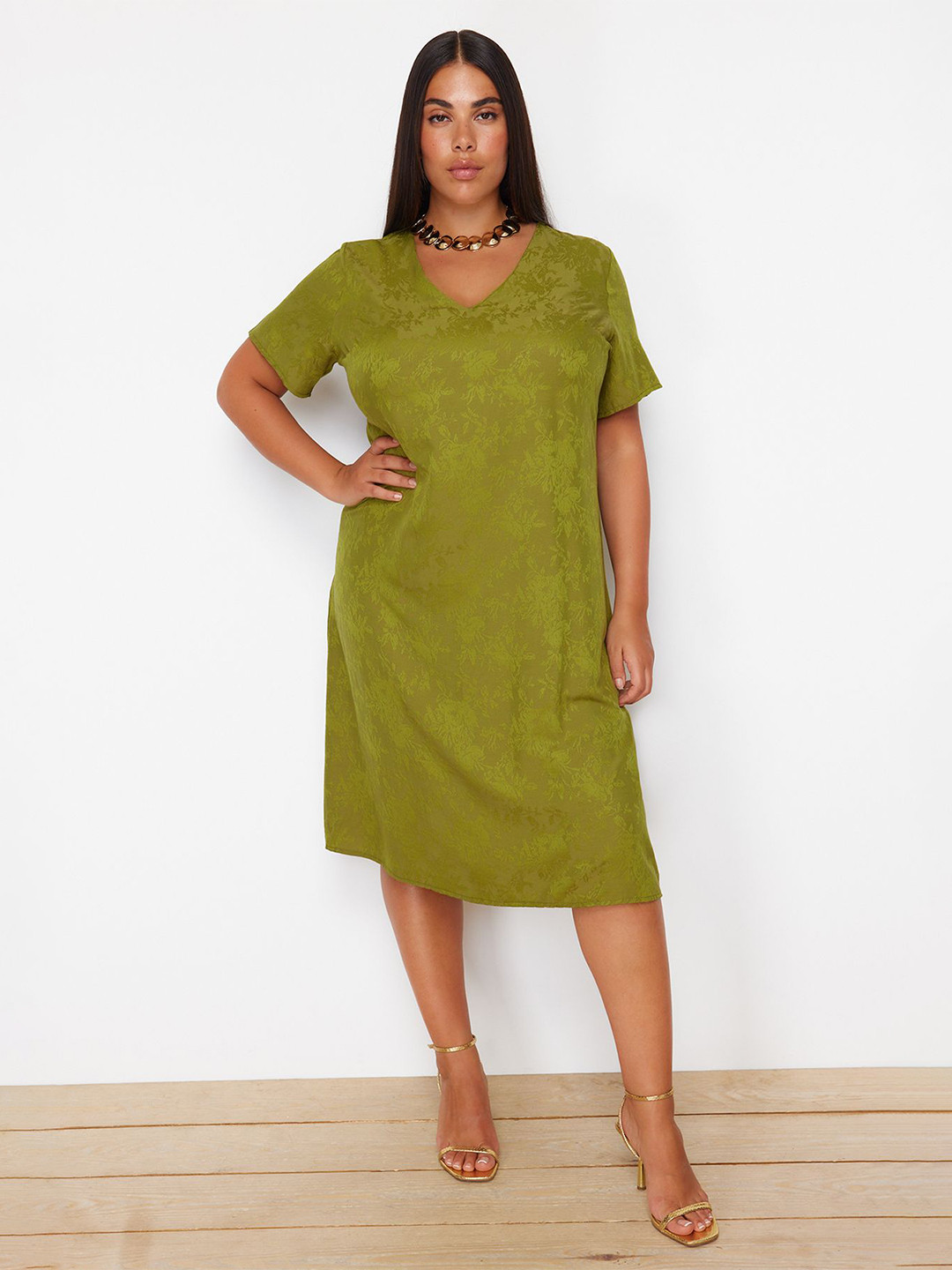 

Trendyol Self Design V-Neck A-Line Dress, Khaki