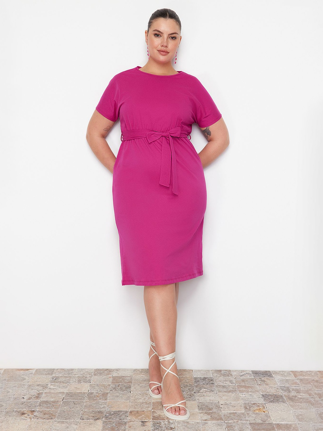 

Trendyol Round Neck Short Sleeves Cotton A-Line Dress, Fuchsia