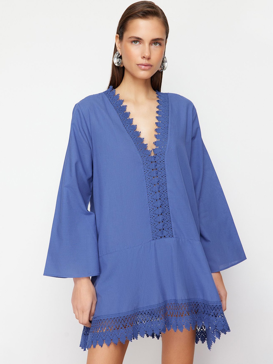 

Trendyol V-Neck Flared Sleeves Lace-up Pure Cotton Casual A-Line Mini Dress, Blue