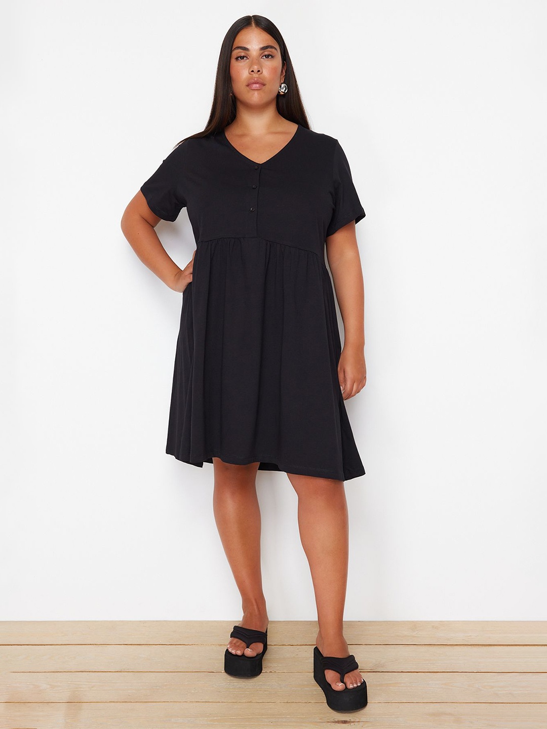 

Trendyol V Neck Fit & Flare Pure Cotton Dress, Black
