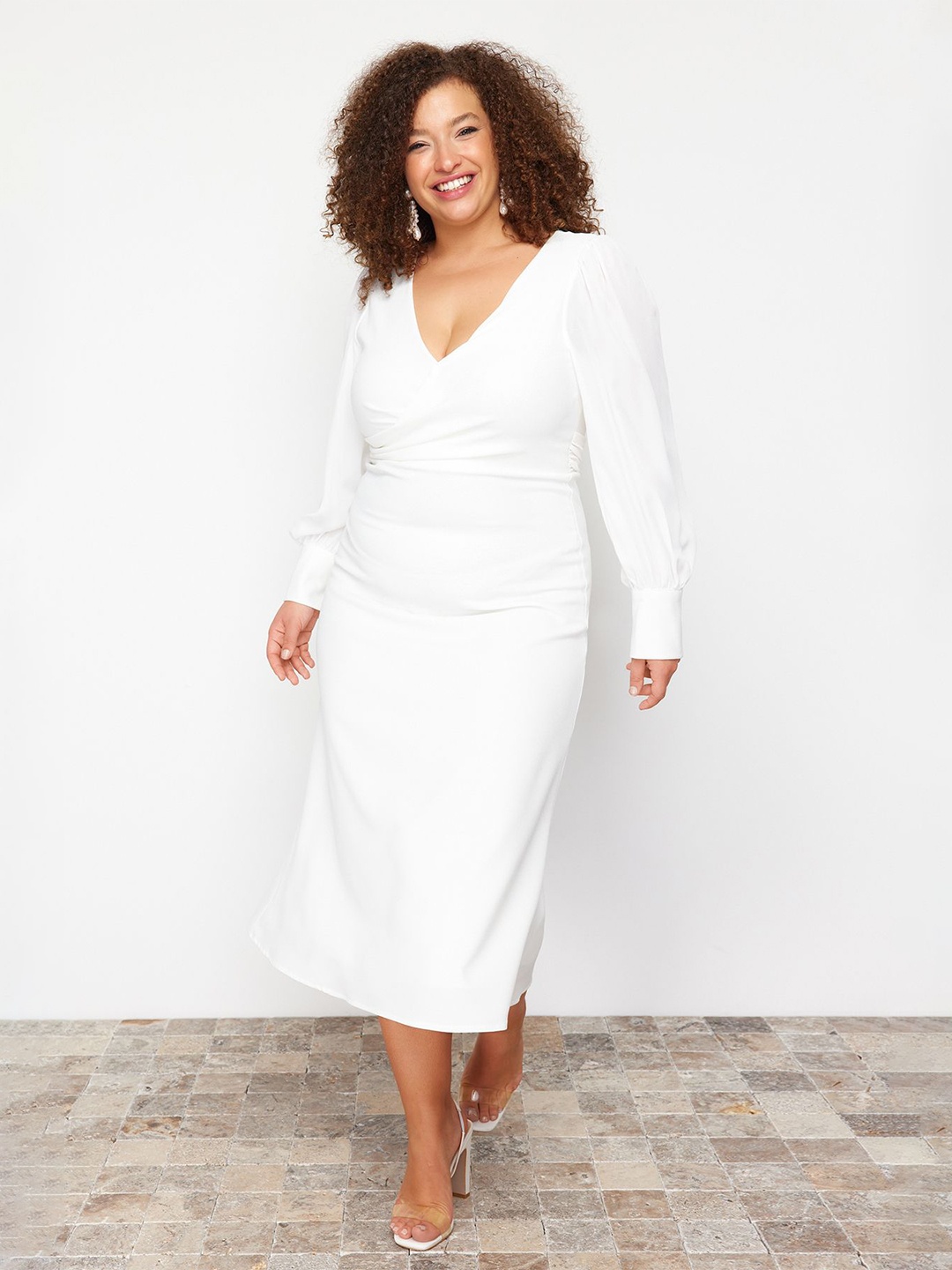 

Trendyol Plus Size V-Neck Cuffed Sleeves Midi Wrap Dress, White