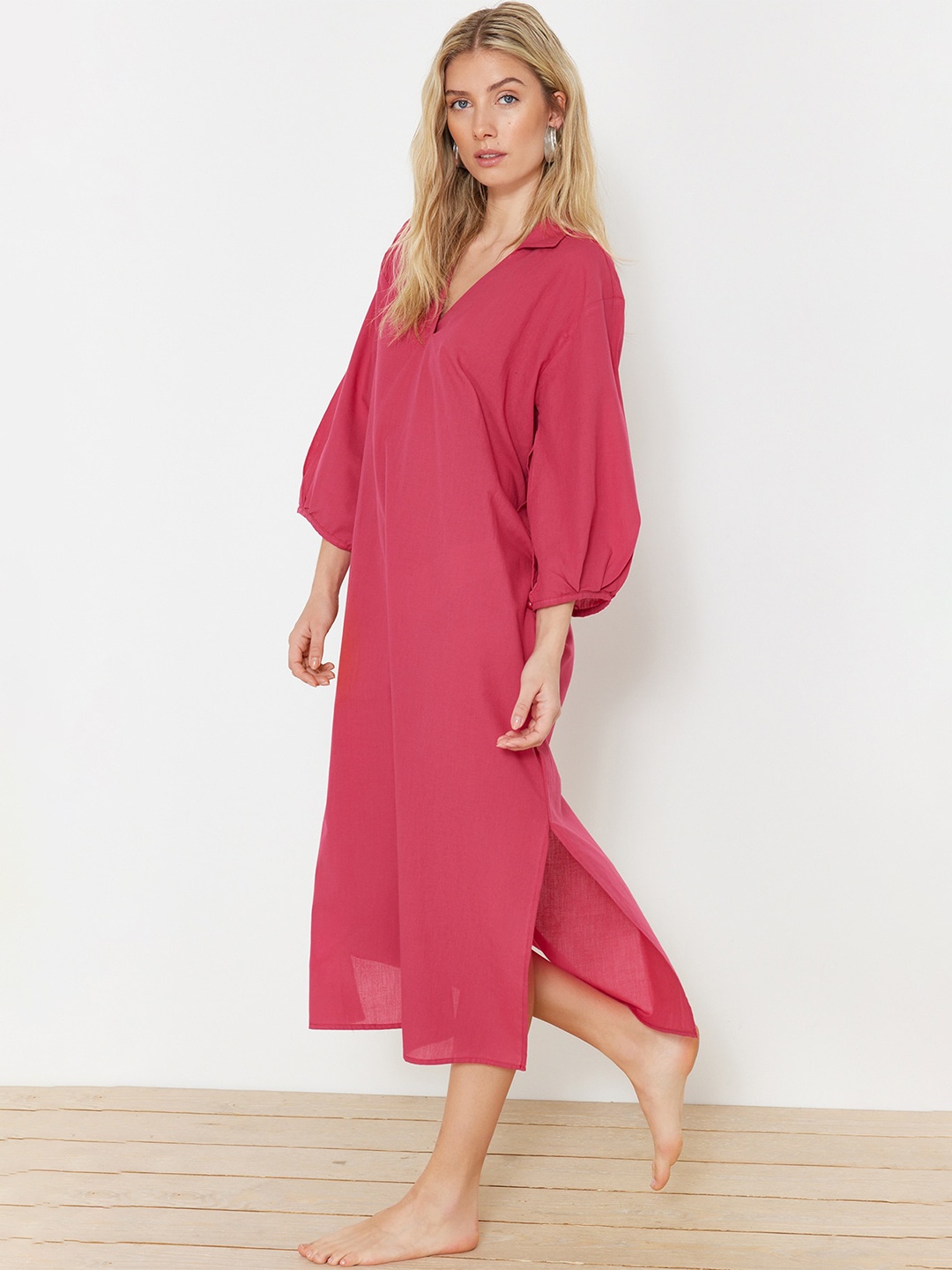 

Trendyol Shirt Collar Puff Sleeves Pure Cotton A-Line Midi Dress, Fuchsia