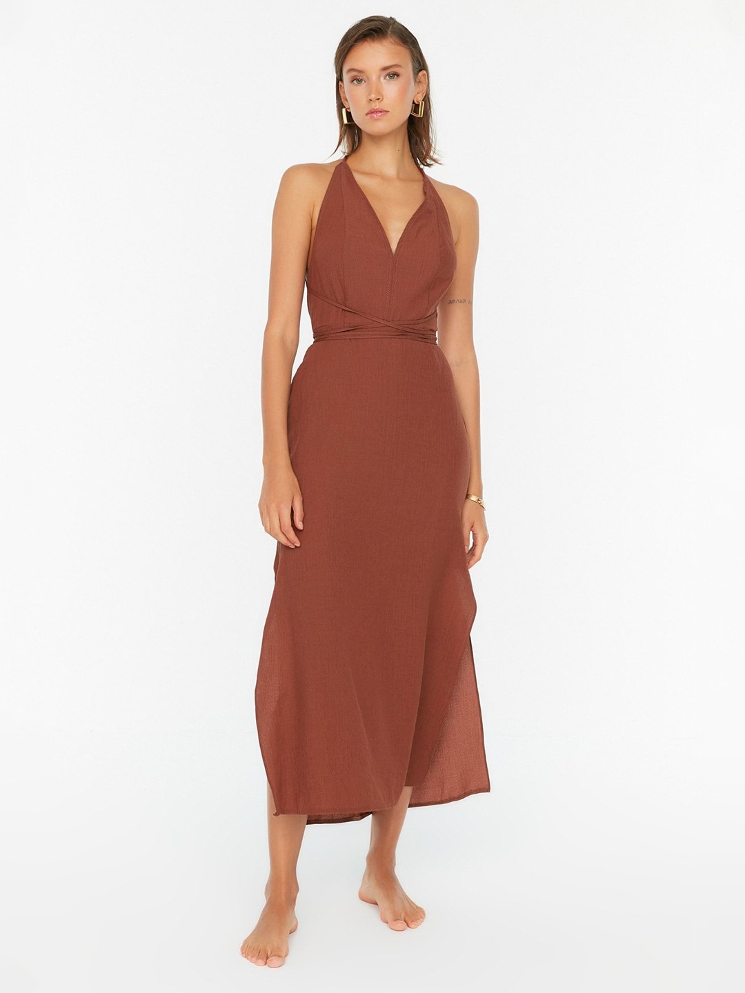 

Trendyol Halter Neck A-Line Midi Dress, Brown