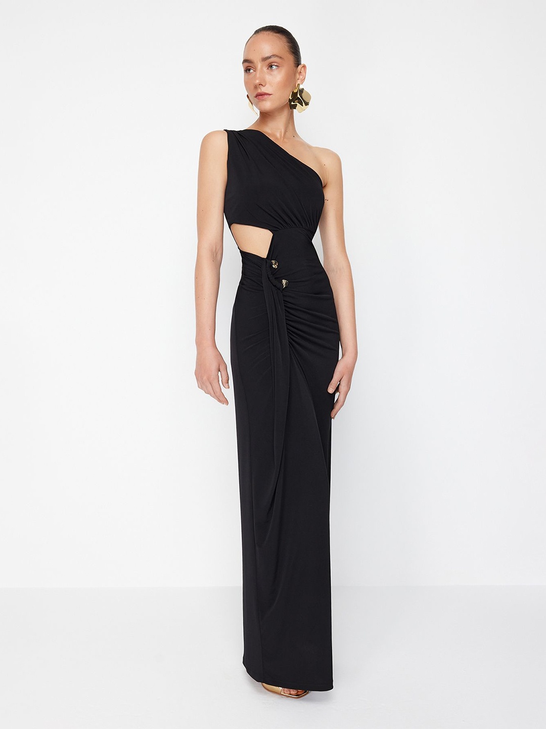 

Trendyol One Shoulder Gathered Cut Out Bodycon Maxi Dress, Black