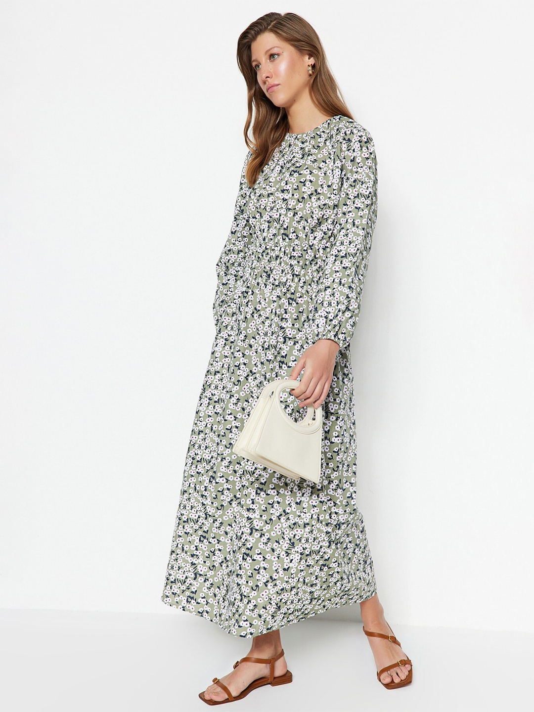 

Trendyol Floral Printed Round Neck Puff Sleeves Maxi Dress, Green