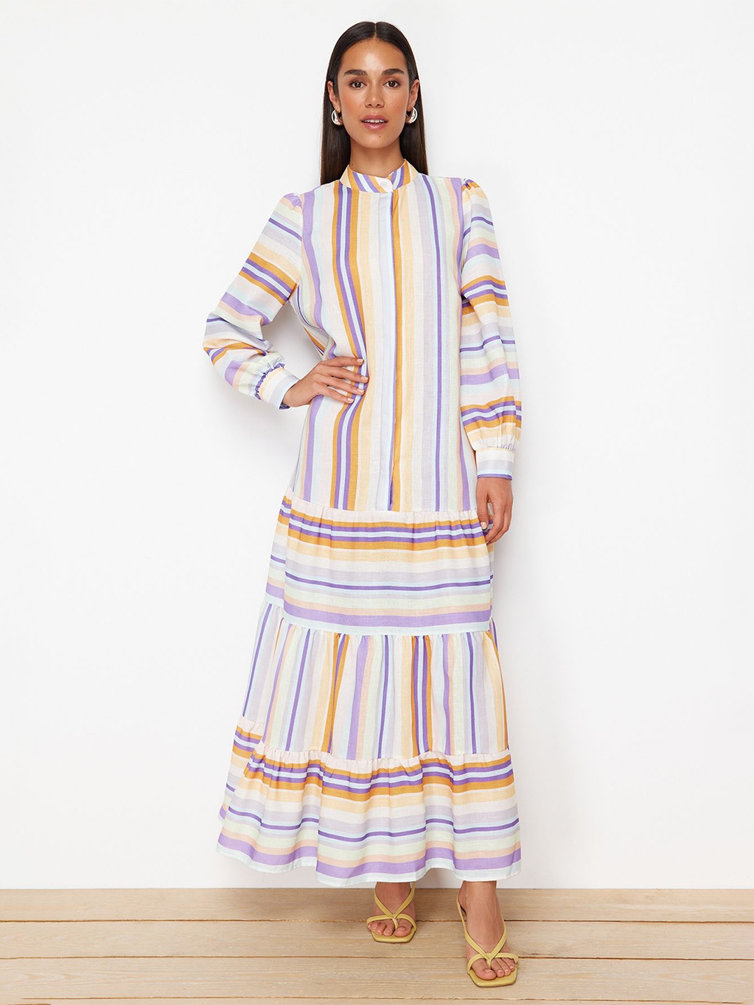 

Trendyol Striped Band Collar Maxi Dress, White