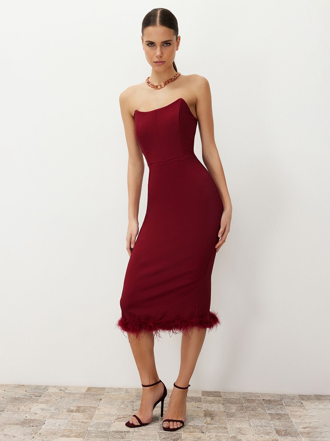 

Trendyol Strapless Tube Bodycon Midi Dress, Burgundy