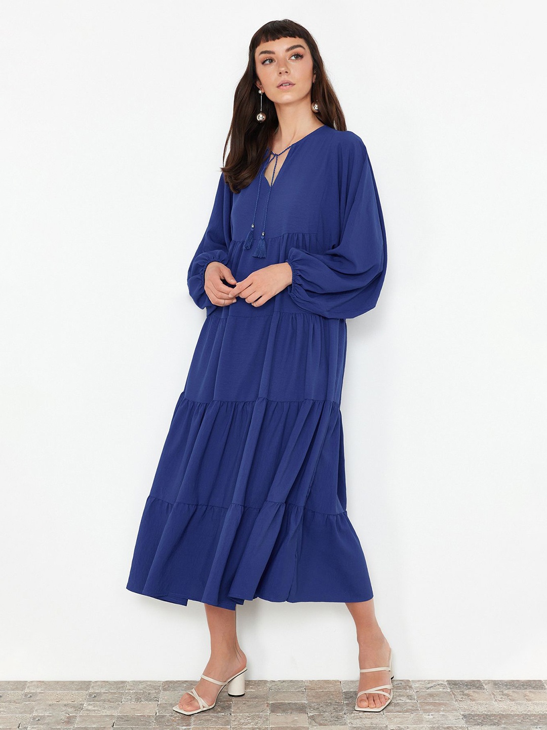 

Trendyol Tie-Up Neck Long Puff Sleeves Fit & Flare Midi Dress, Blue