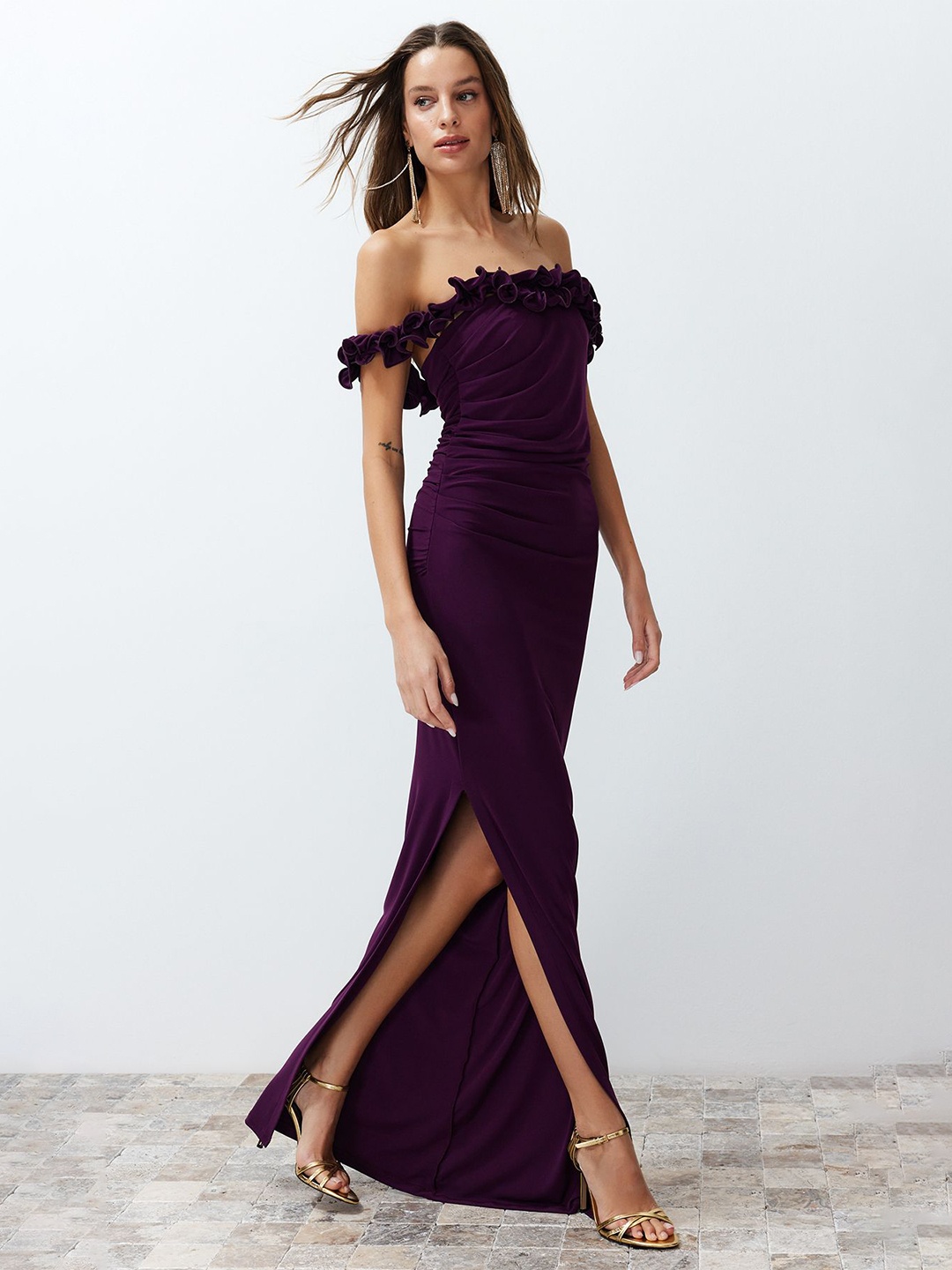 

Trendyol Off-Shoulder Ruffles Ruched Maxi Sheath Dress, Purple