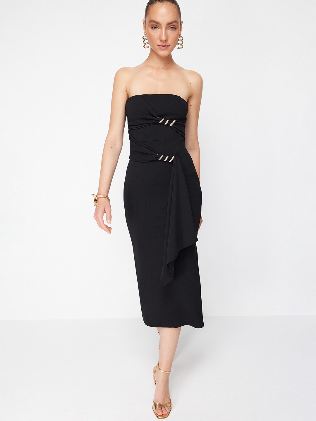 

Trendyol Strapless Gathered Midi Sheath Dress, Black